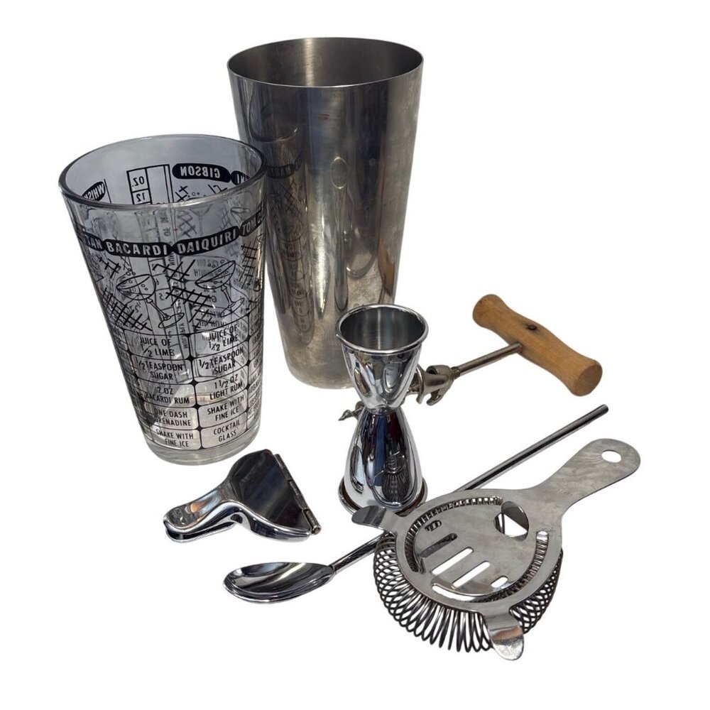 Cocktail Shaker Set W/ Recipe Glass Jigger Strainer Spoon Corkscrew 70's MCM